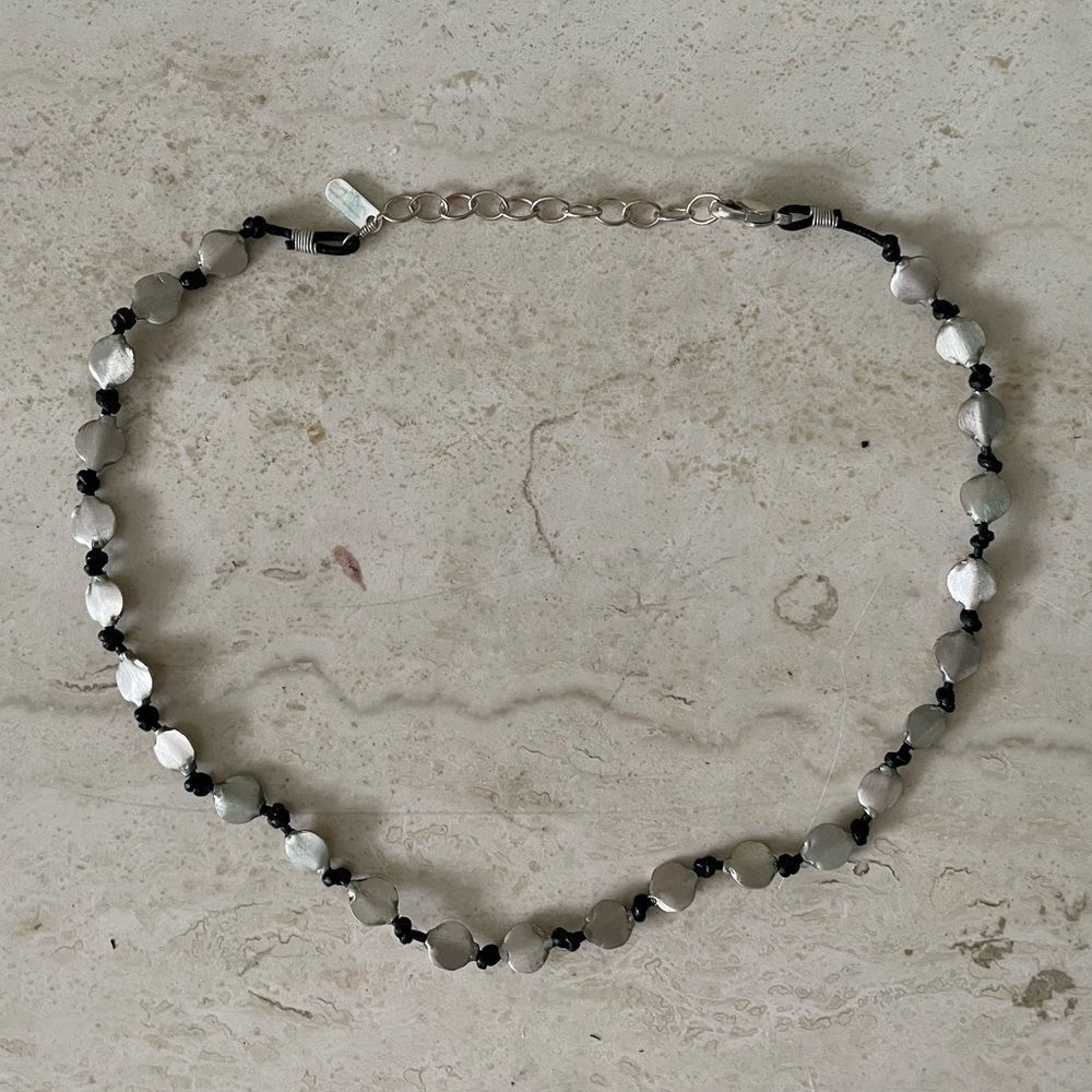 Adina Sterling Silver Circle Bead and Black Knot Necklace